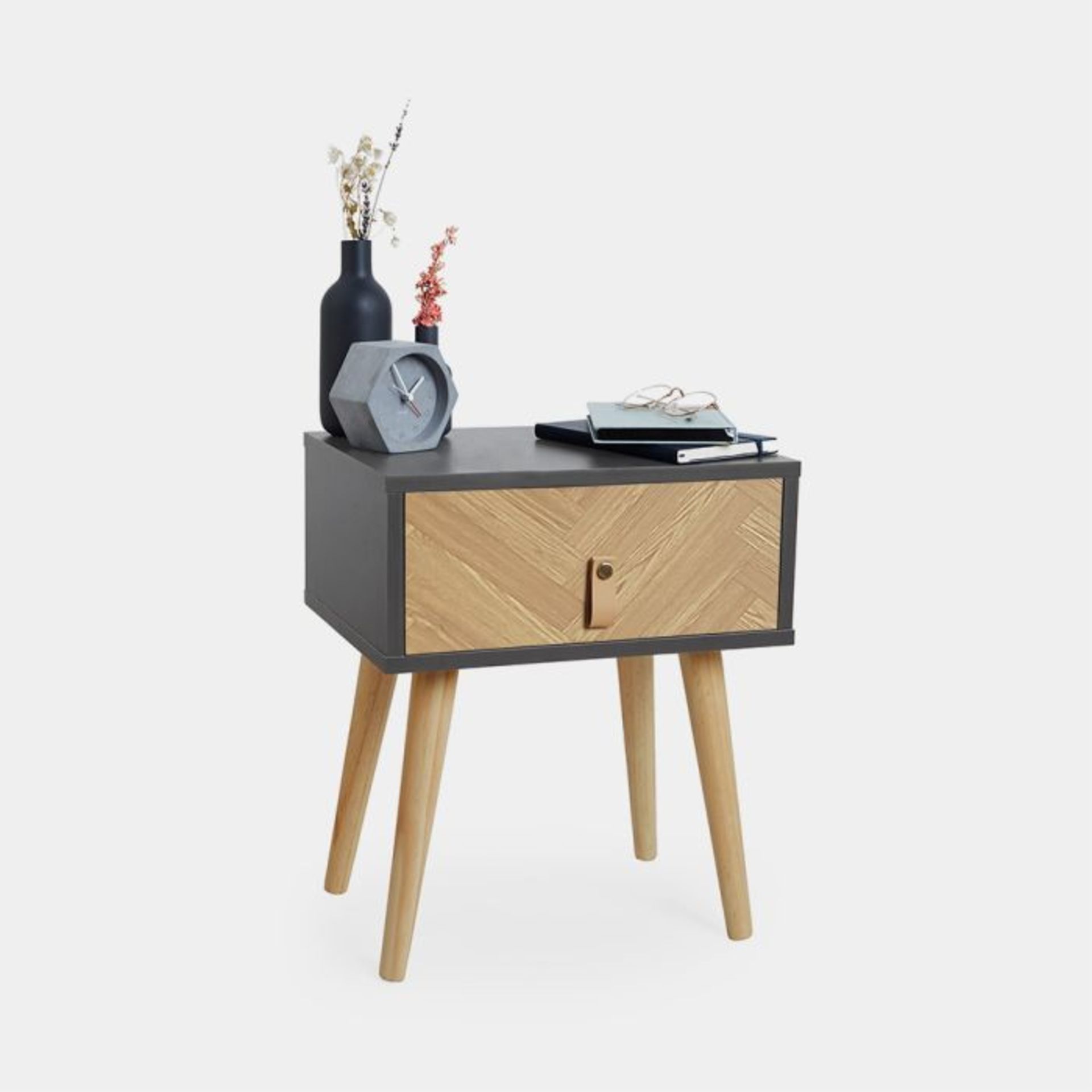 Herringbone Bedside Table. - ER43. The grey and natural wood colour combo will suit any aesthetic,