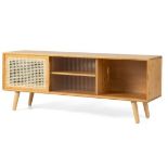 BAMBOO ENTERTAINMENT CENTER WITH RATTAN AND TEMPERED GLASS SLIDING DOORS-NATURAL. - R14.2