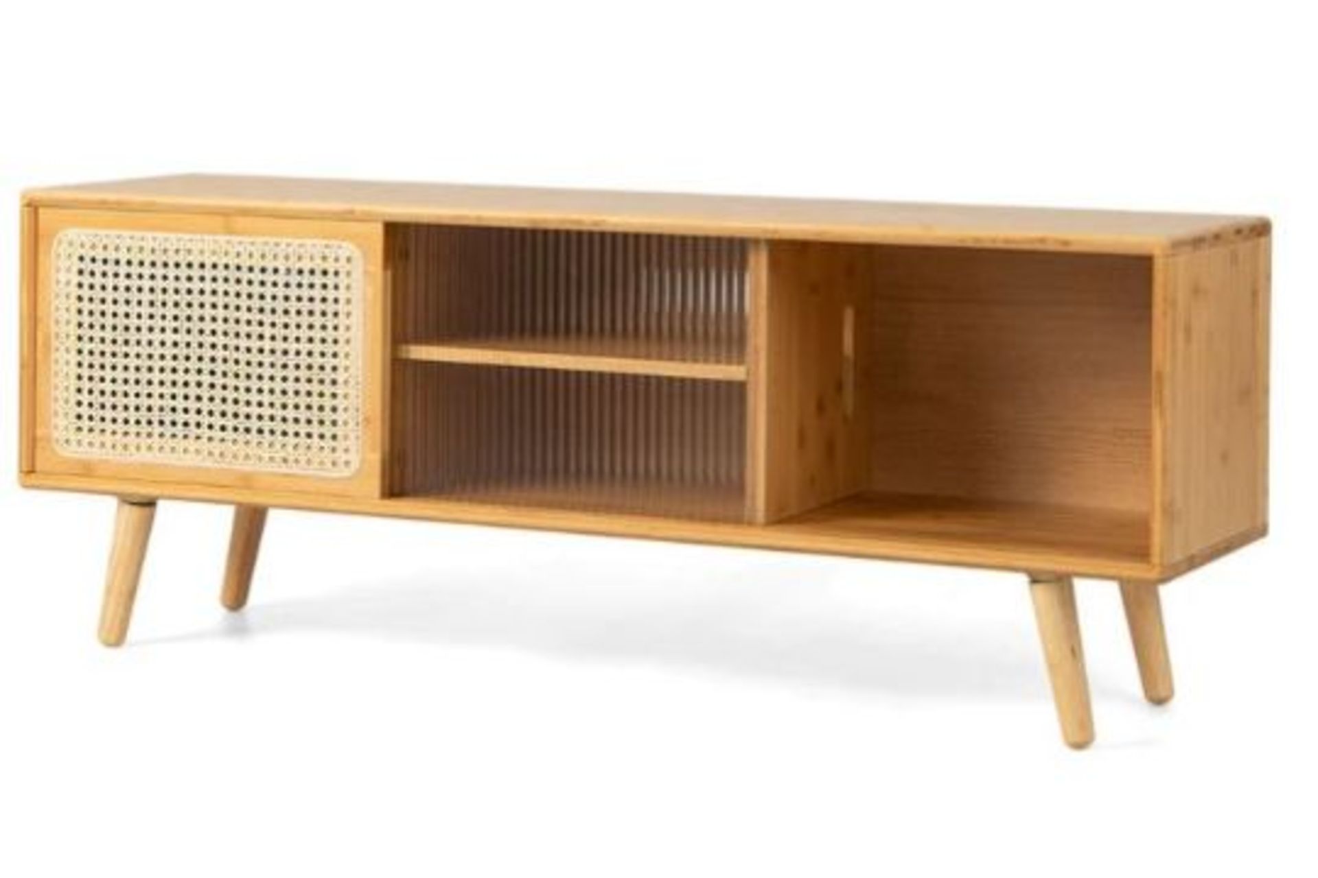 BAMBOO ENTERTAINMENT CENTER WITH RATTAN AND TEMPERED GLASS SLIDING DOORS-NATURAL. - R14.2