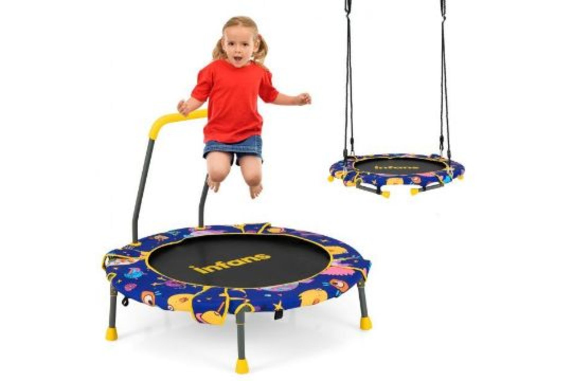 2-in-1 Folding Toddler Trampoline and Swing with Removable Handle. - R14.2. This 2-in-1 trampoline