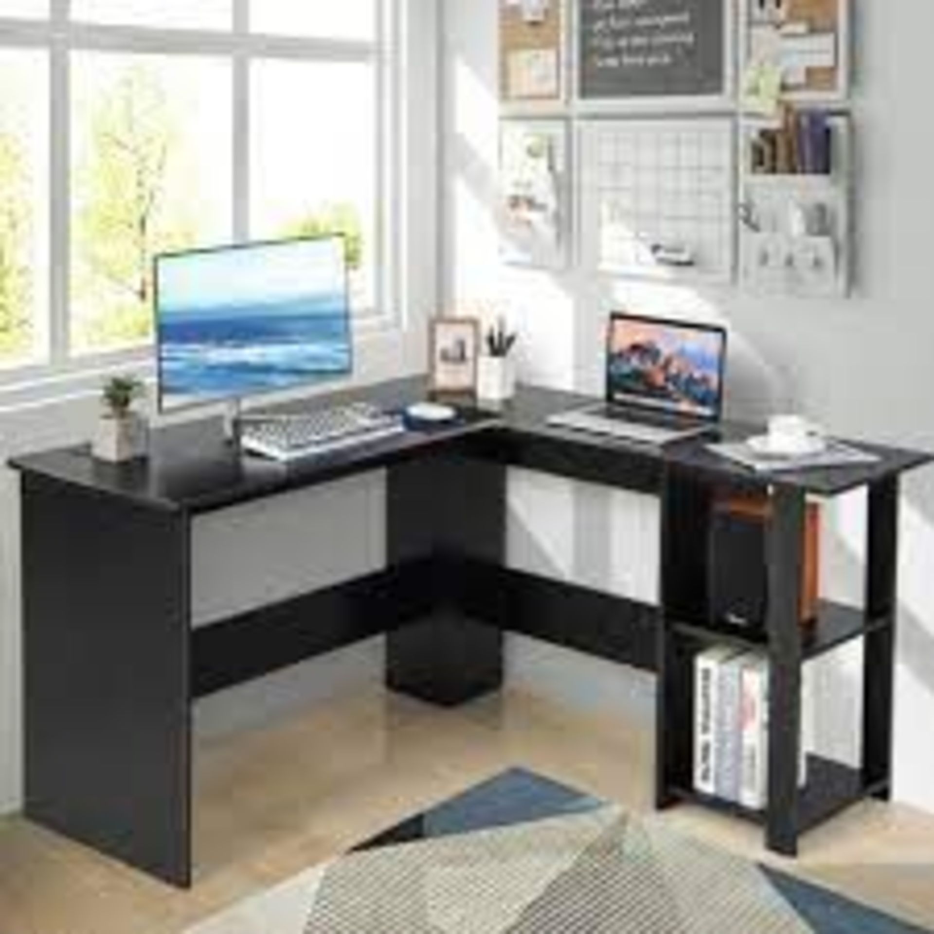 L Shaped Corner Computer Desk With Storage Shelves. - R14.15.
