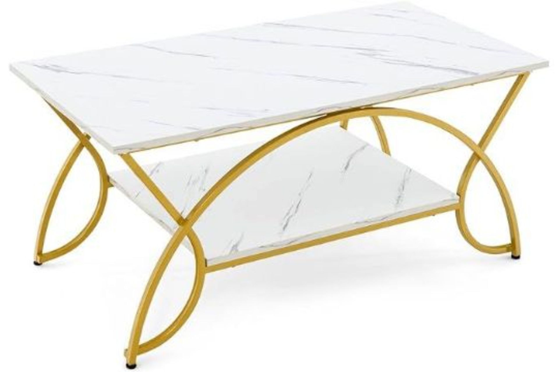 2-Tier Coffee Table, Marble Effect/Vintage Cocktail Center Table with Storage Shelf, Metal Frame