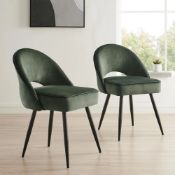 Oakley Set of 2 Dark Green Velvet Upholstered Dining Chairs with Contrast Piping. - ER20. RRP £249.