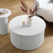 Maru Oak Round Coffee Table with Storage, Washed White. - ER30. RRP £299.99. Featuring fluted base