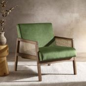 Fyne Moss Green Velvet Walnut Frame Rattan Armchair. - ER20. RRP £229.99. Crafted from solid wood,