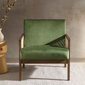 Fyne Moss Green Velvet Walnut Frame Rattan Armchair. - ER20. RRP £229.99. Crafted from solid wood,