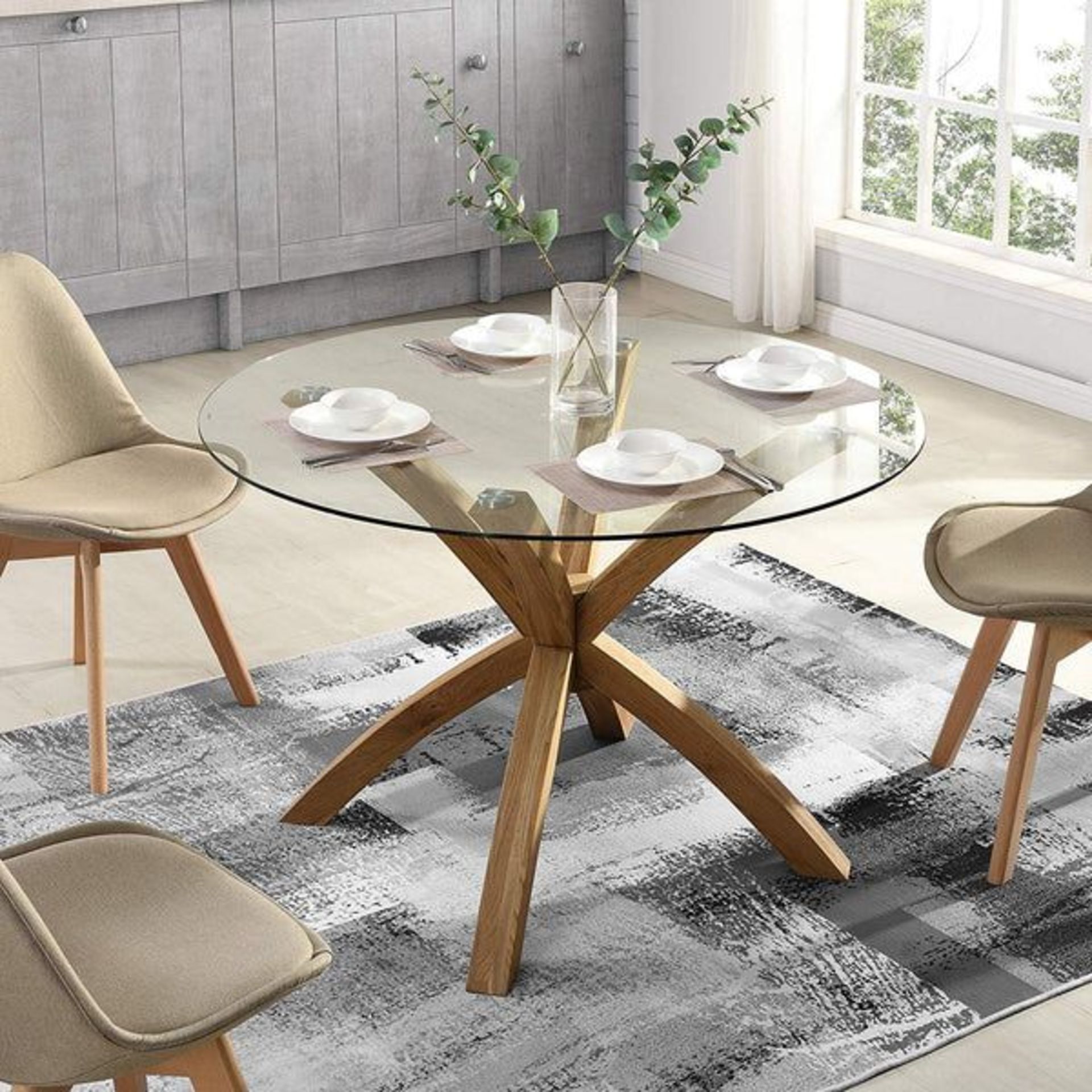 Lugano 110cm Round Glass Top Solid Oak Legs Dining Table. - ER20. RRP £439.99. Featuring four subtly - Image 2 of 2