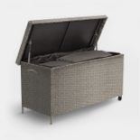 Rattan Look Outdoor Cushion Storage Box. - ER34. Raised on 2 steel cap feet for solid standing and 2
