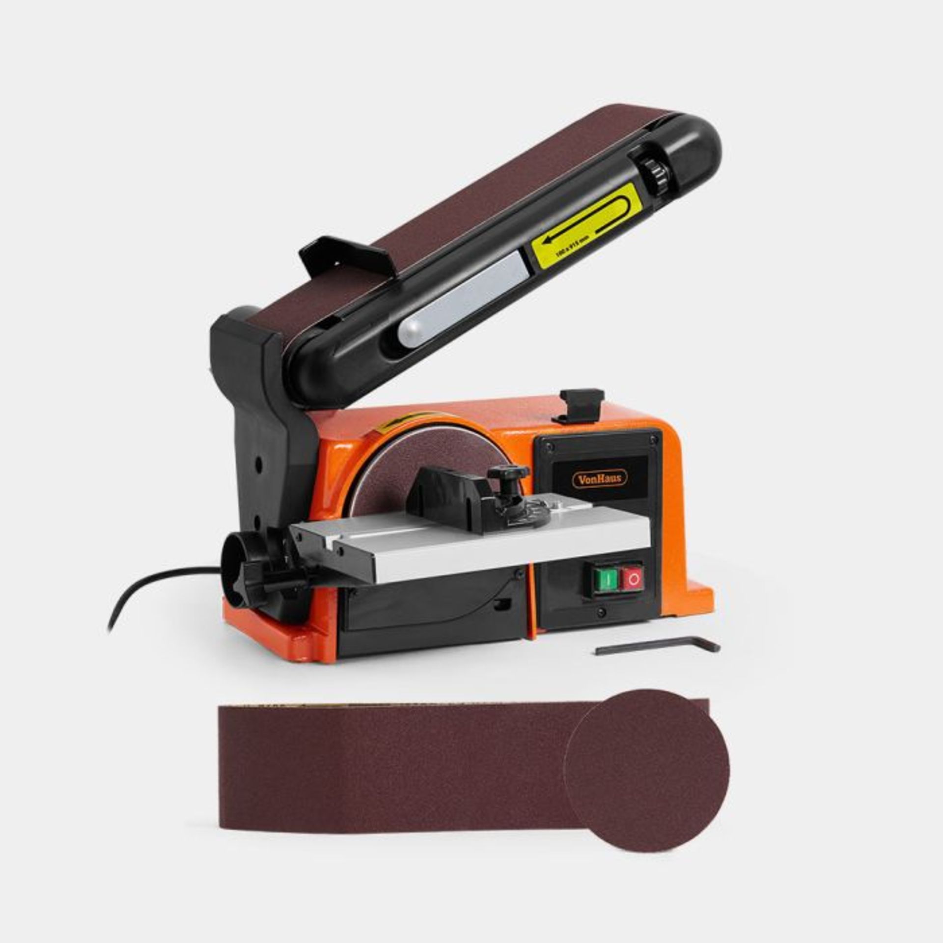 Benchtop Belt and Disc Sander. - ER34. The sanding belt can be used in a vertical or horizontal