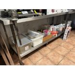 STAINLESS STEEL BENCH ON WHEELS INCLUDING BOTTOM SHELF CONTENTS