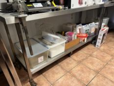 STAINLESS STEEL BENCH ON WHEELS INCLUDING BOTTOM SHELF CONTENTS