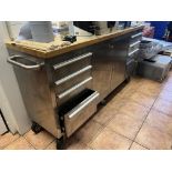 STAINLESS STEEL WORK CABINET WITH 2 DOOR CUPBOARD, 8 DRAWERS & WOODEN TOP