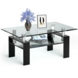 MODERN GLASS COFFEE TEA TABLE WITH OPEN SHELF-BLACK. - ER54. This coffee table is a perfect