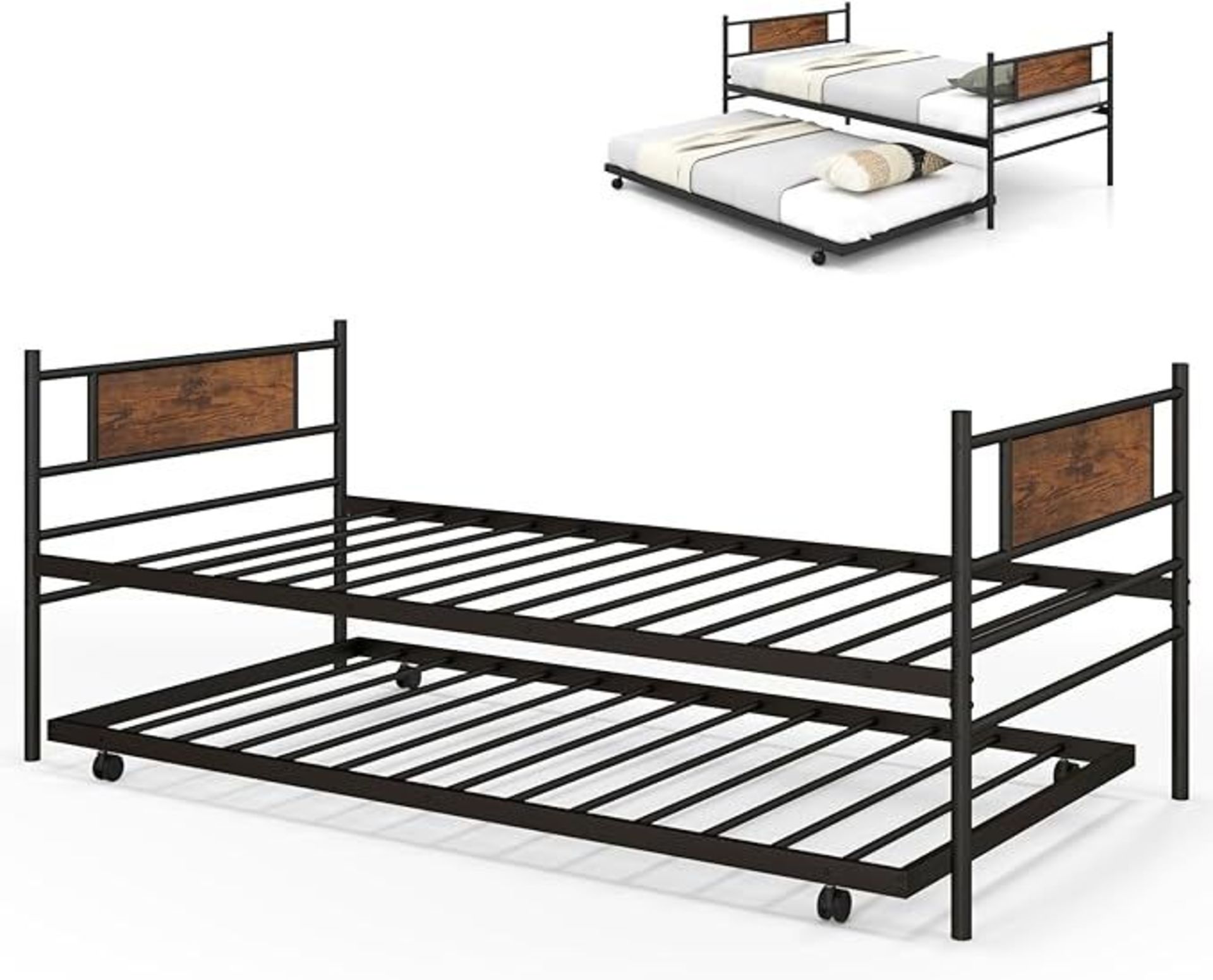 Multigot 2 in 1 Single Bed Frame, 3FT Pull-out Day Bed with Trundle Bed, Industrial Metal Frame