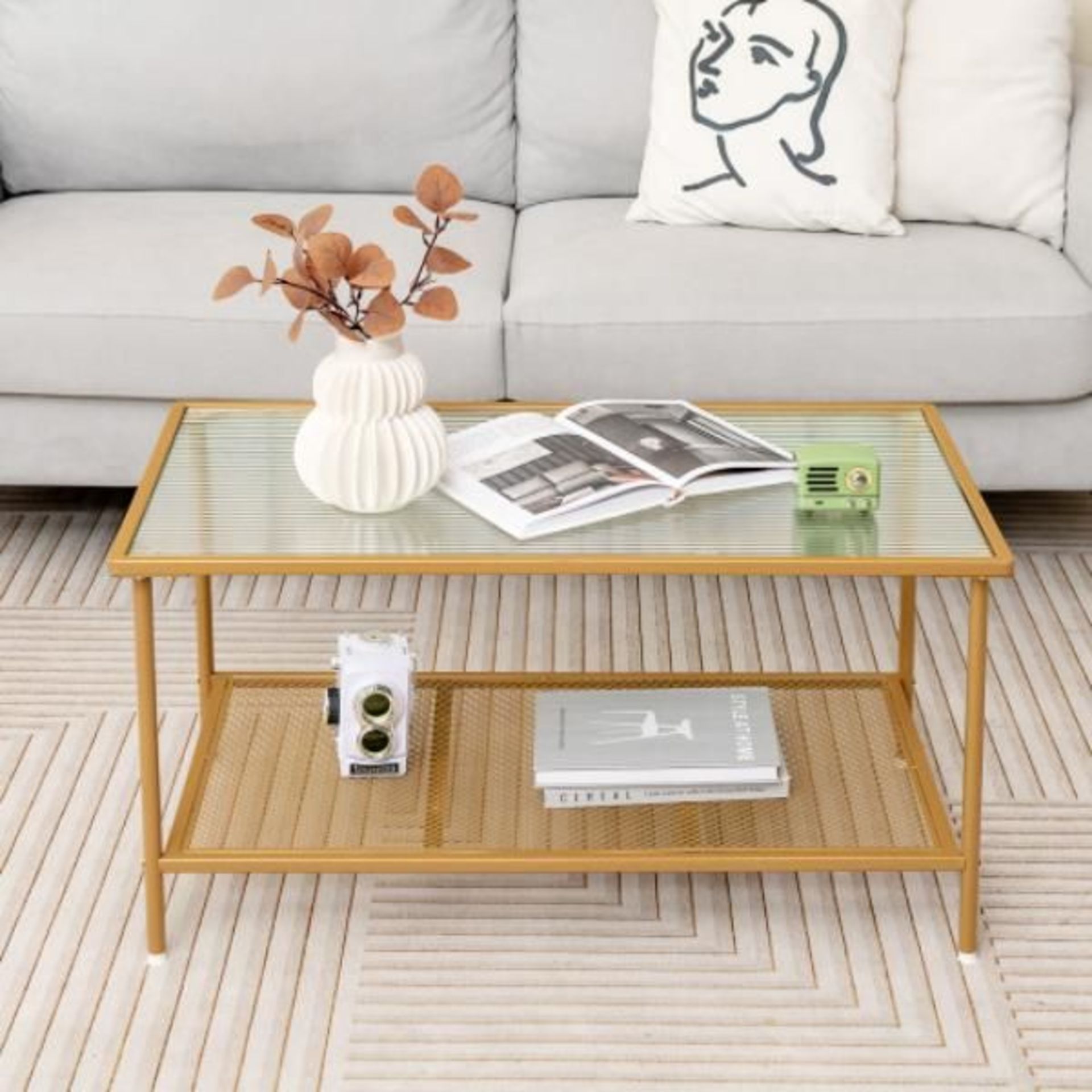 2-Tier Coffee Table With Shelf Center Tea Table & Tempered Glass Top, Golden. - ER54.