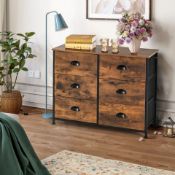 6 Fabric Drawer Storage Chest With Wooden Top-Rustic Brown. - ER54.