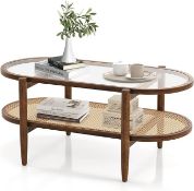 Multigot 2-Tier Coffee Table, Tempered Glass Cocktail Center Table with PE Rattan Storage Shelf &