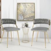 Set of 2 Velvet Dining Chair with Metal Legs and Woven Back-Grey. - ER54. This velvet dining chair