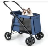 FOLDING PET STROLLER WITH POCKETS AND SKYLIGHT FOR SMALL MEDIUM PETS-BLUE. - ER54. The pet