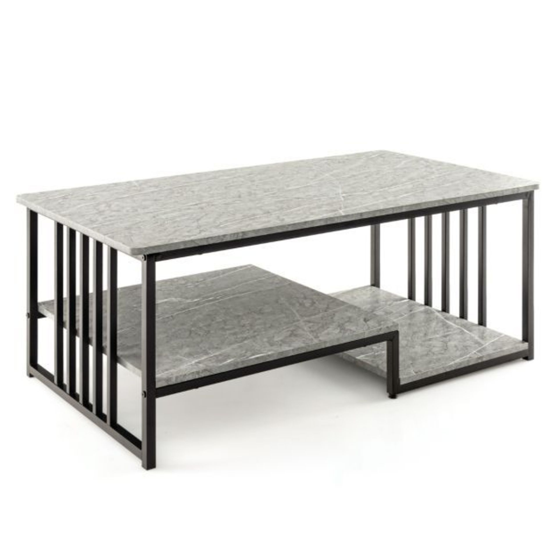 Faux Marble Coffee Table 2-Tier Rectangular Center Table with Open Storage Shelf Grey Metal Frame. -