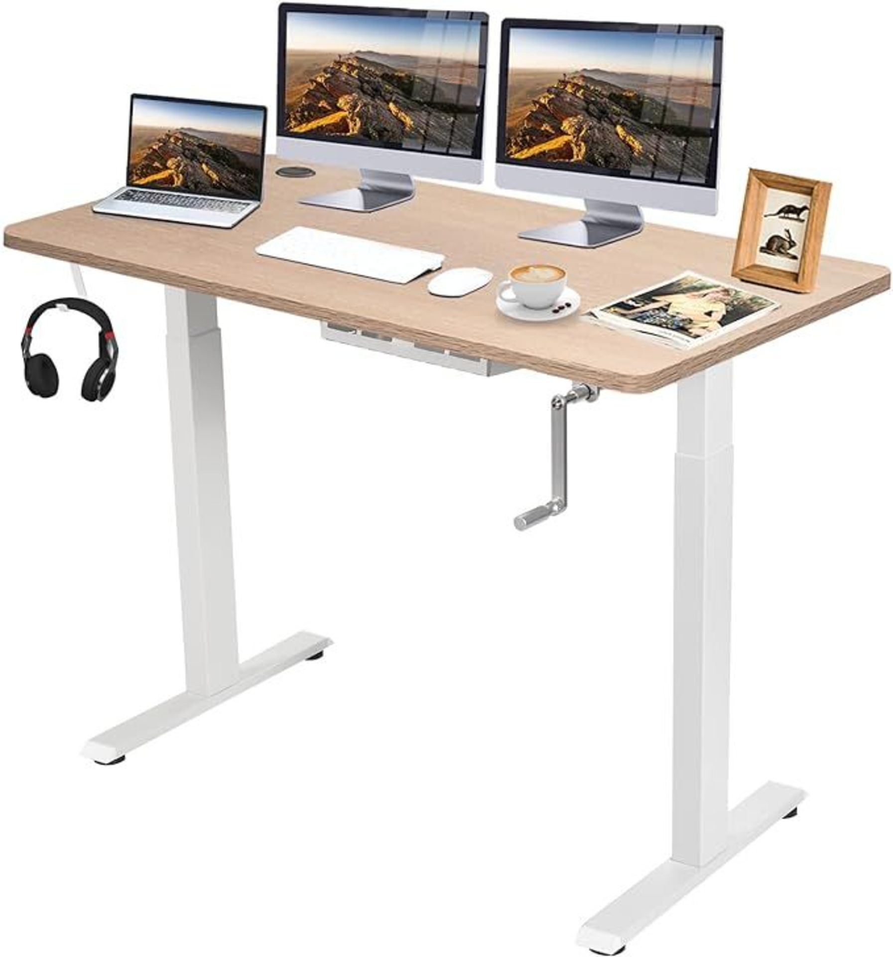 Deluxe Crank Height Adjustable Standing Desk, with Folding Crank, Headphone Hook & Cable Tray, 48