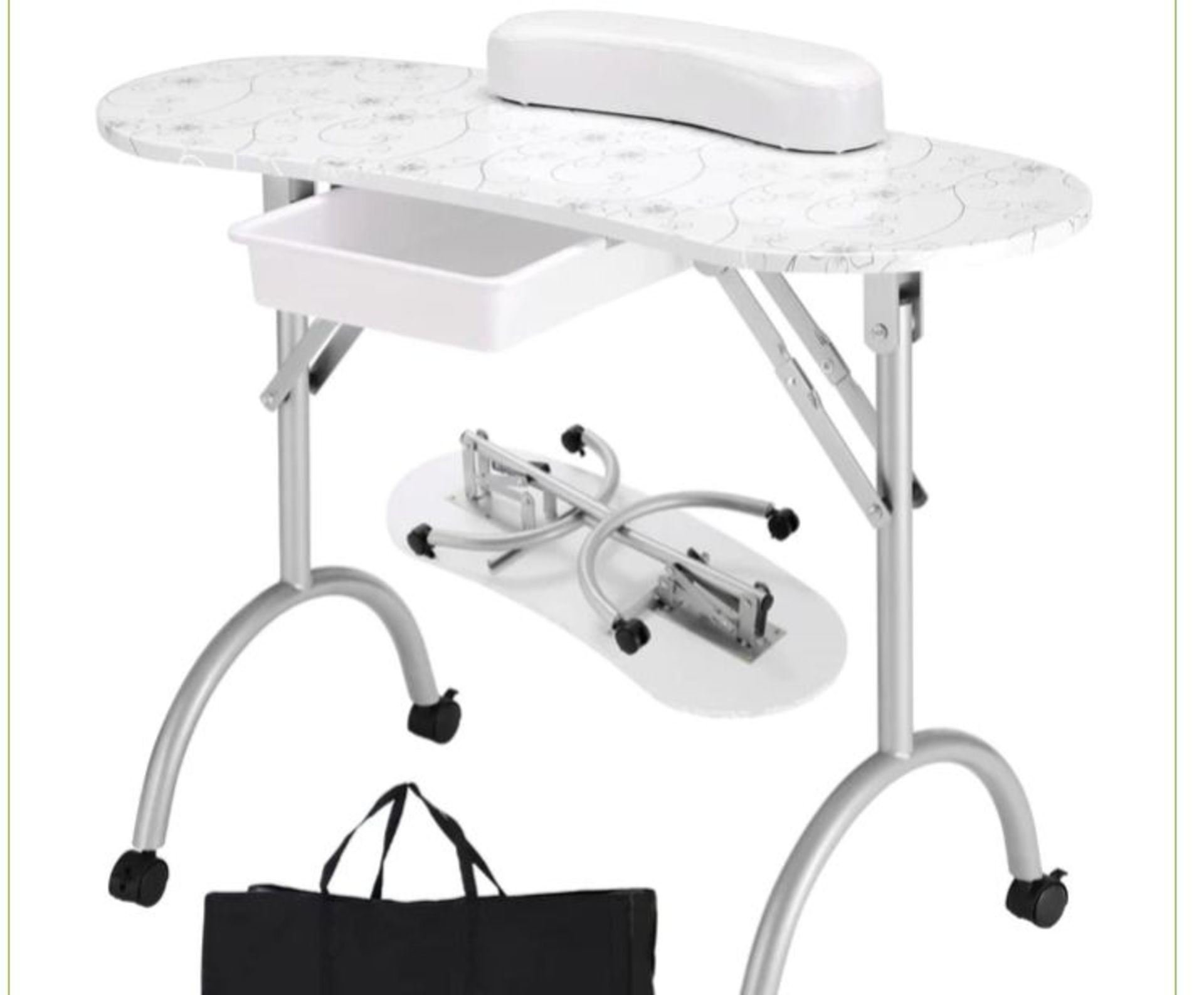 PORTABLE NAIL TABLE STATION MANICURE TECH DESK NAILS ART TABLE 4 ROLLING WHEELS-WHITE. - ER54.