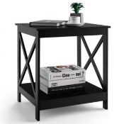 2-Tier Modern Wooden X-Shaped Bedside Table for Living Room Bedroom Office. - ER54.