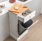 FREESTANDING TILT OUT TRASH BIN CABINET WITH PULL-OUT DRAWER-WHITE. - ER54. Tuck away the