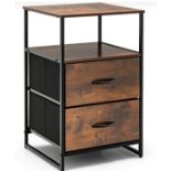 METAL FRAME STORAGE CABINET WITH 2 DRAWERS AND WOODEN TOP-RUSTIC BROWN. - ER54.