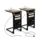 SET OF 2 C-SHAPED END TABLE WITH CHARGING STATION AND SIDE STORAGE BAG-RUSTIC BROWN. - ER54.