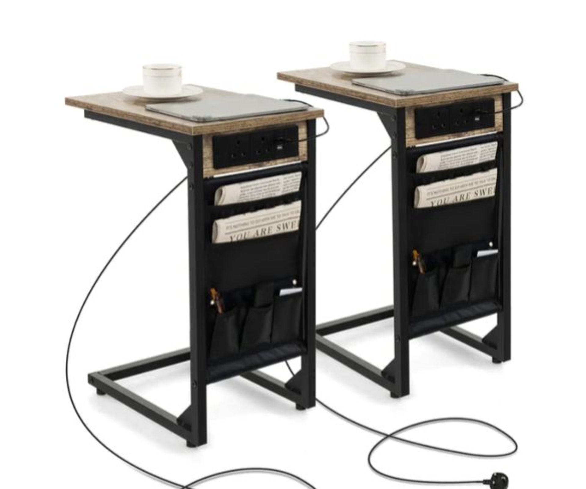 SET OF 2 C-SHAPED END TABLE WITH CHARGING STATION AND SIDE STORAGE BAG-RUSTIC BROWN. - ER54.
