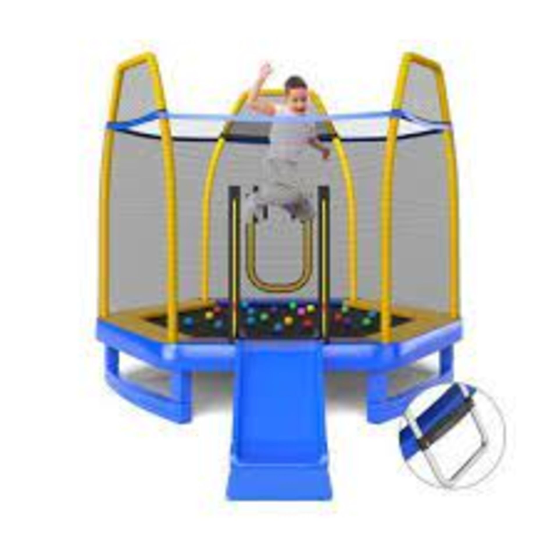 7 Feet Hexagonal Trampoline with Slide . -ER54. Give kids an unforgettable childhood with this 7