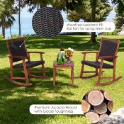 3PCS Patio Rattan Rocking Chair Bistro Set Acacia Wood Frame. - ER54.