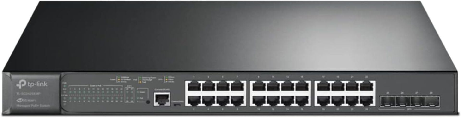 TP LINK JetStream 24-Port Gigabit and 4-Port 10GE SFP+ L2+ Managed Switch with 24-Port PoE+. RRP £