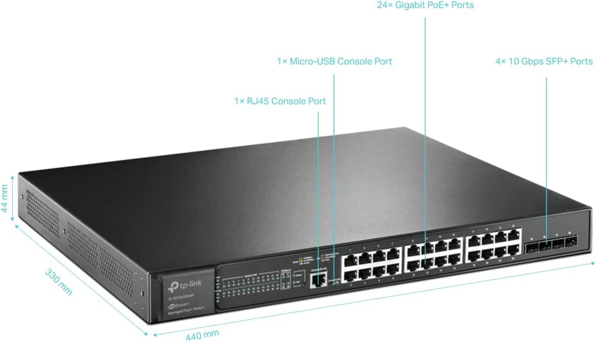 TP LINK JetStream 24-Port Gigabit and 4-Port 10GE SFP+ L2+ Managed Switch with 24-Port PoE+. RRP £ - Image 2 of 7