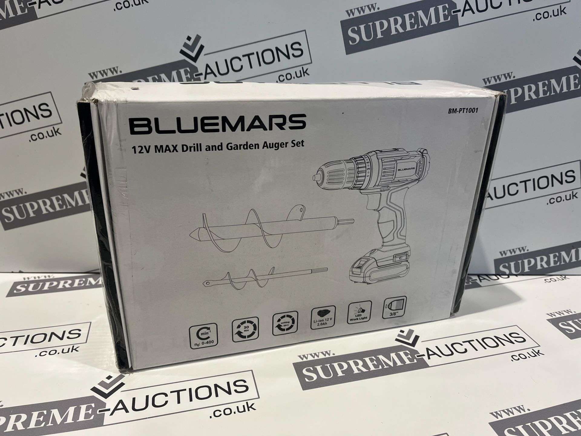 NEW & BOXED BLUEMARS 12V MAX DRILL AND GARDEN AUGER SETS. (S1RA)