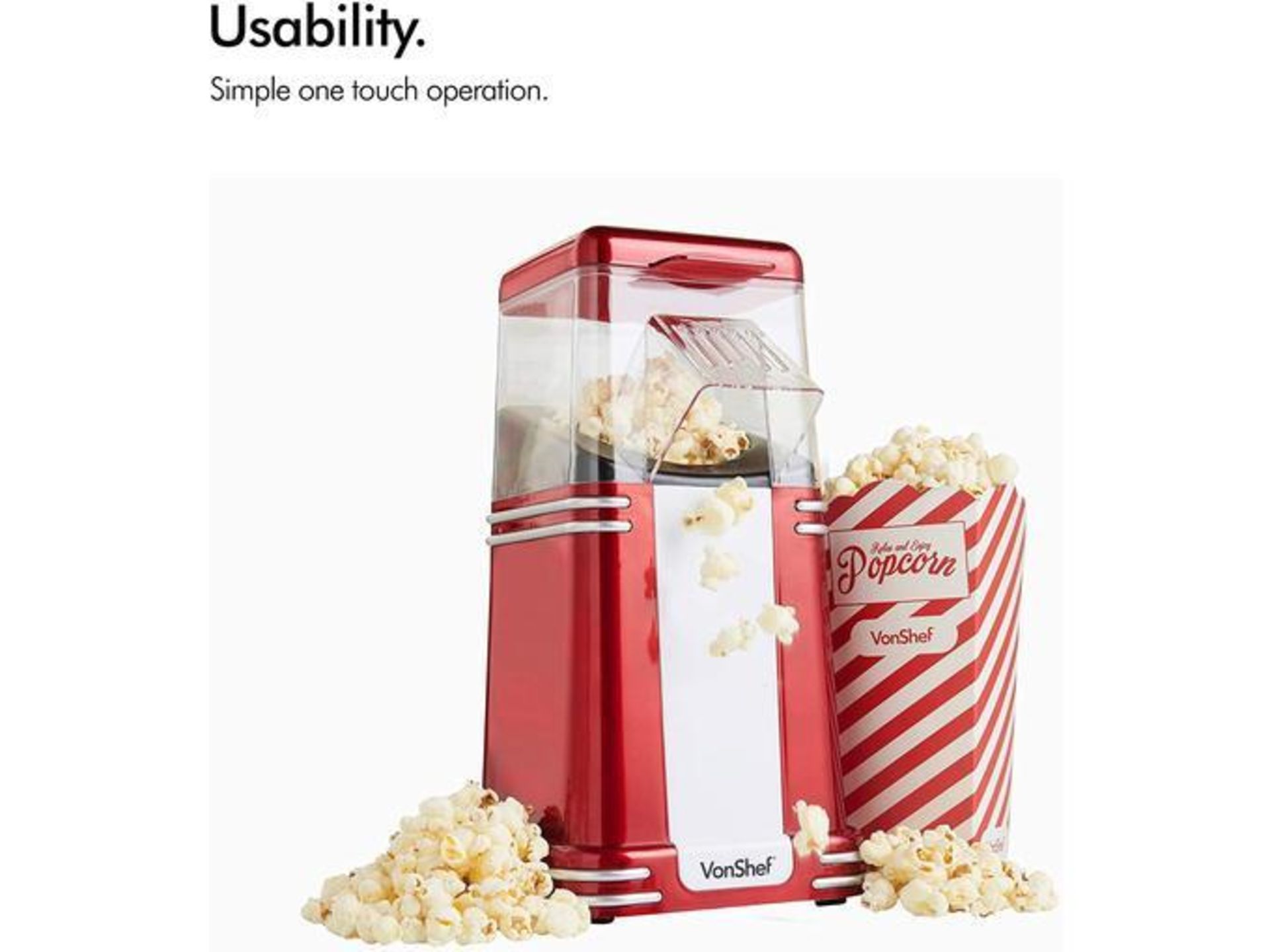Vonshef Retro Popcorn Maker (ER51) Vonshef retro popcorn maker works with 1200W power. Popcorn is