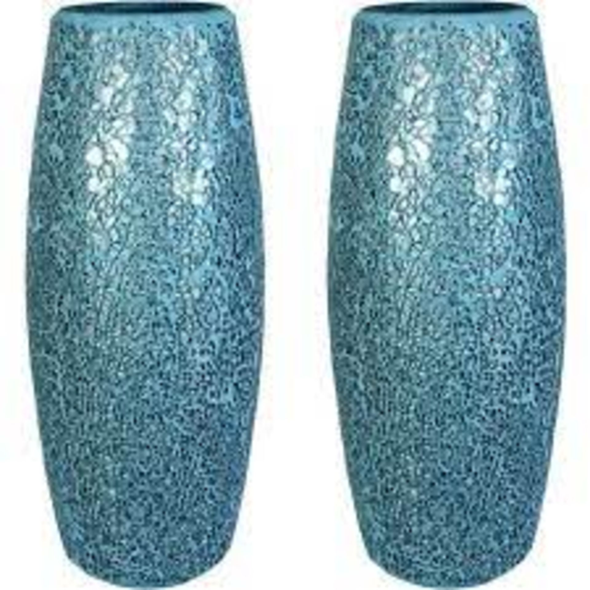 Lucente 2PC Crackle Glass Mosaic Vase with Blue & Silver Finis. - ER46