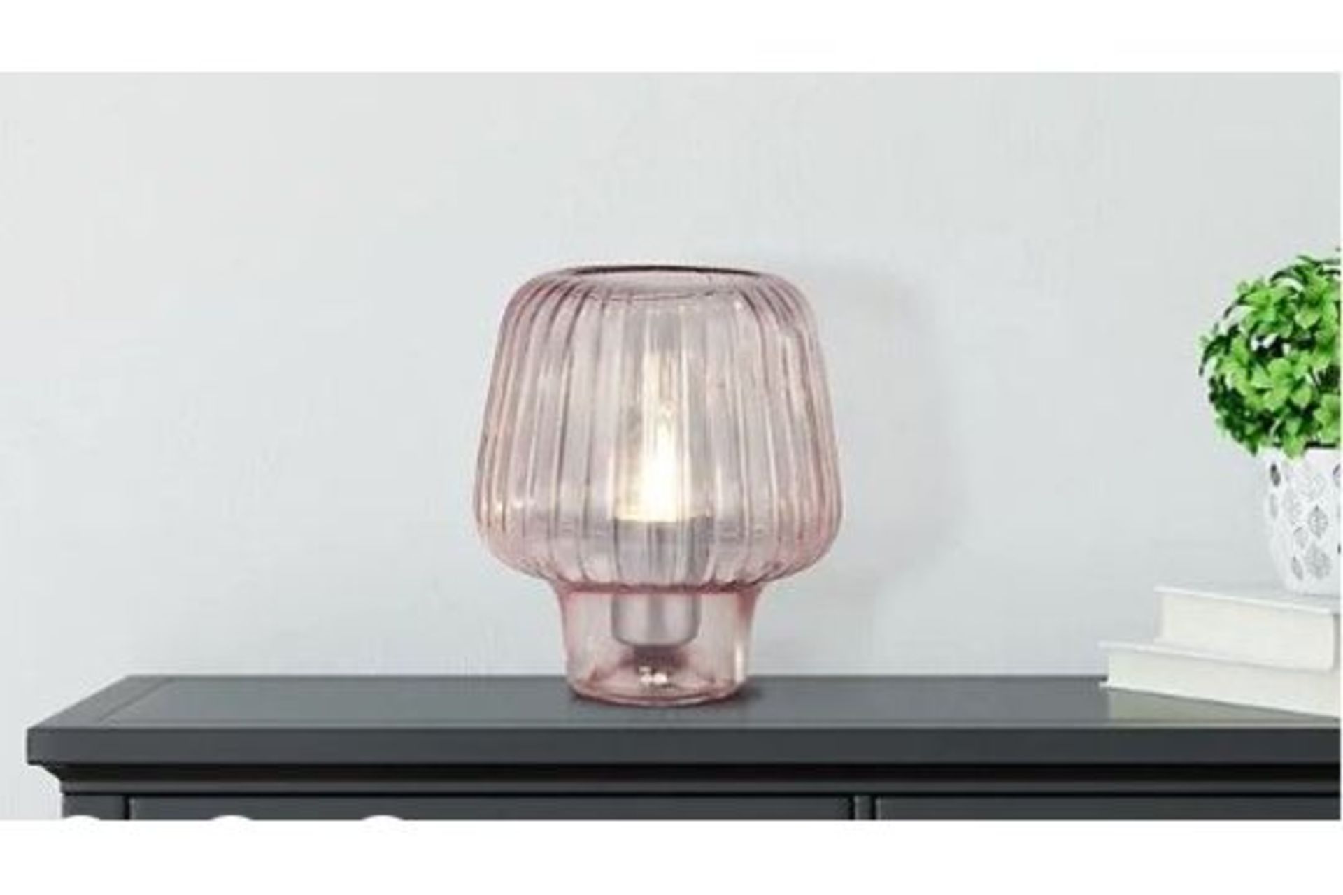 Lighting Collection Domingo Pink Ripple Glass Table Lamp. - ER45. In a soft pink colour and with