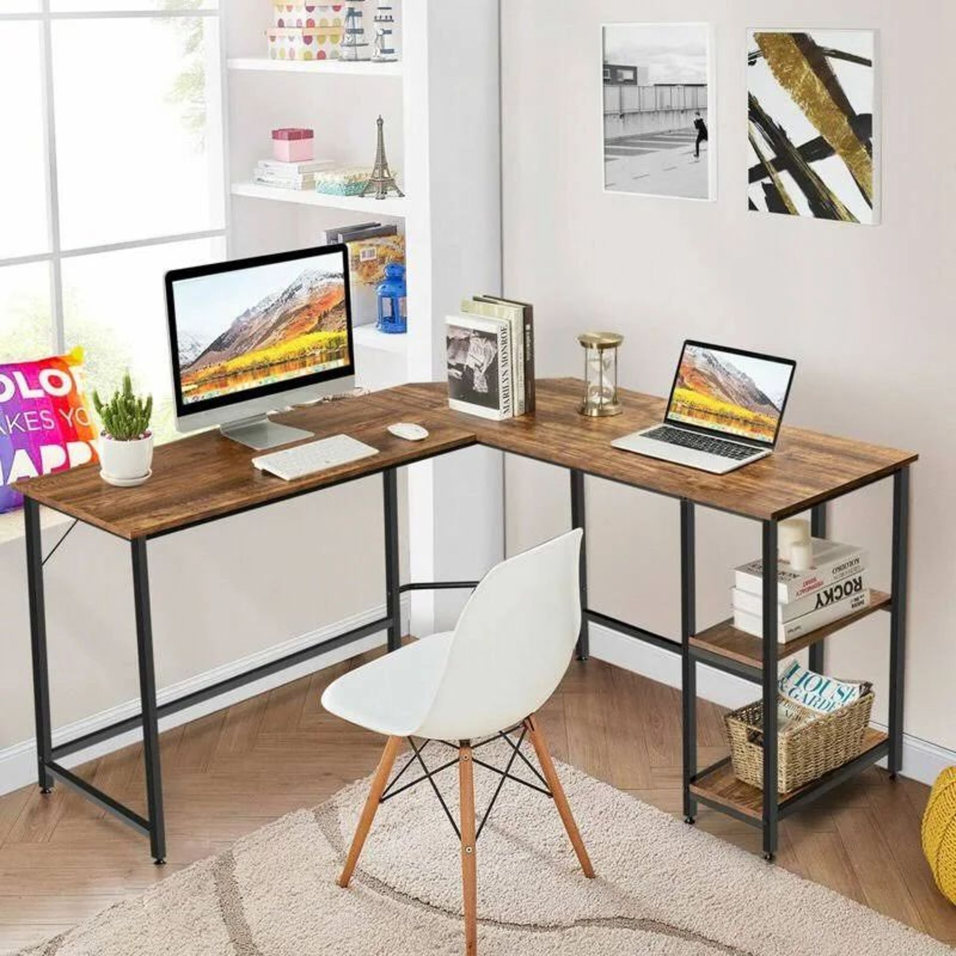 Luxury 95 inch 2-Person L-Shaped Long Reversible Computer Desk with Monitor Stand.- R14.7.