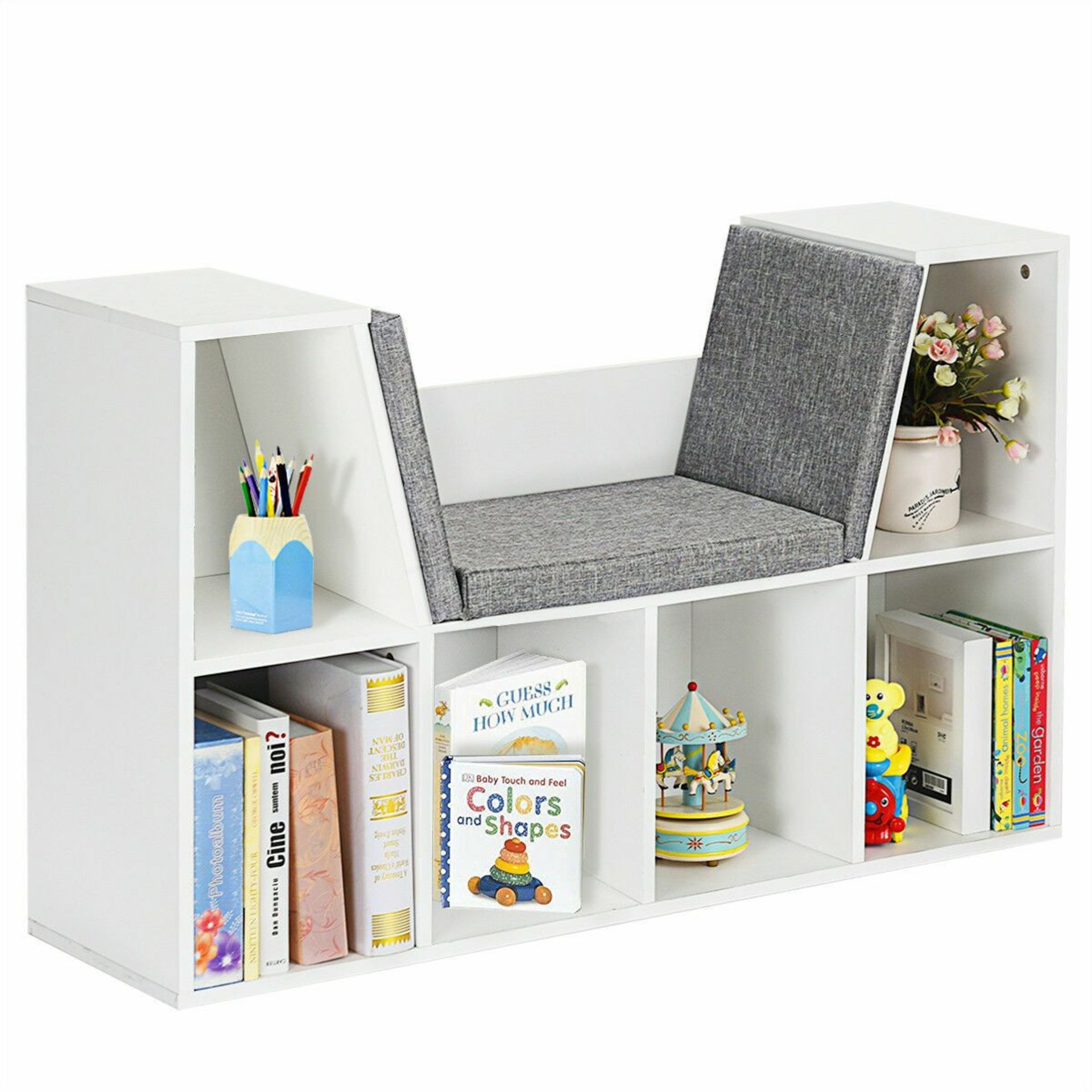 6 Cubby Kid Storage Cabinet Bookcase Multi-Purpose Shelf Cushioned Reading Nook. - R13a.6. Our