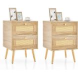 Multigot Rattan Bedside Table, Wood Nightstand End Table with Hand-woven Rattan Decoration,