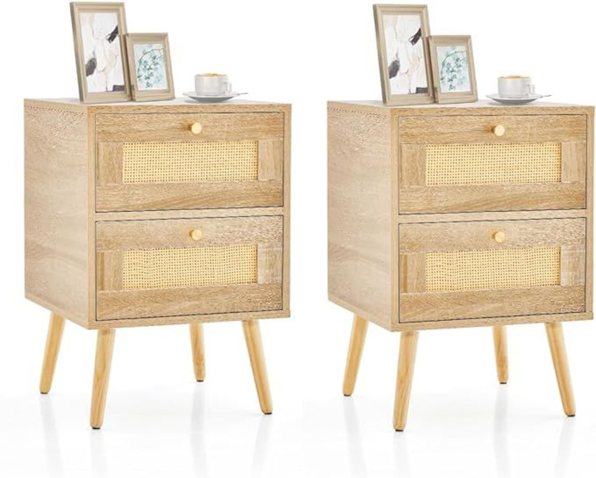 Multigot Rattan Bedside Table, Wood Nightstand End Table with Hand-woven Rattan Decoration,