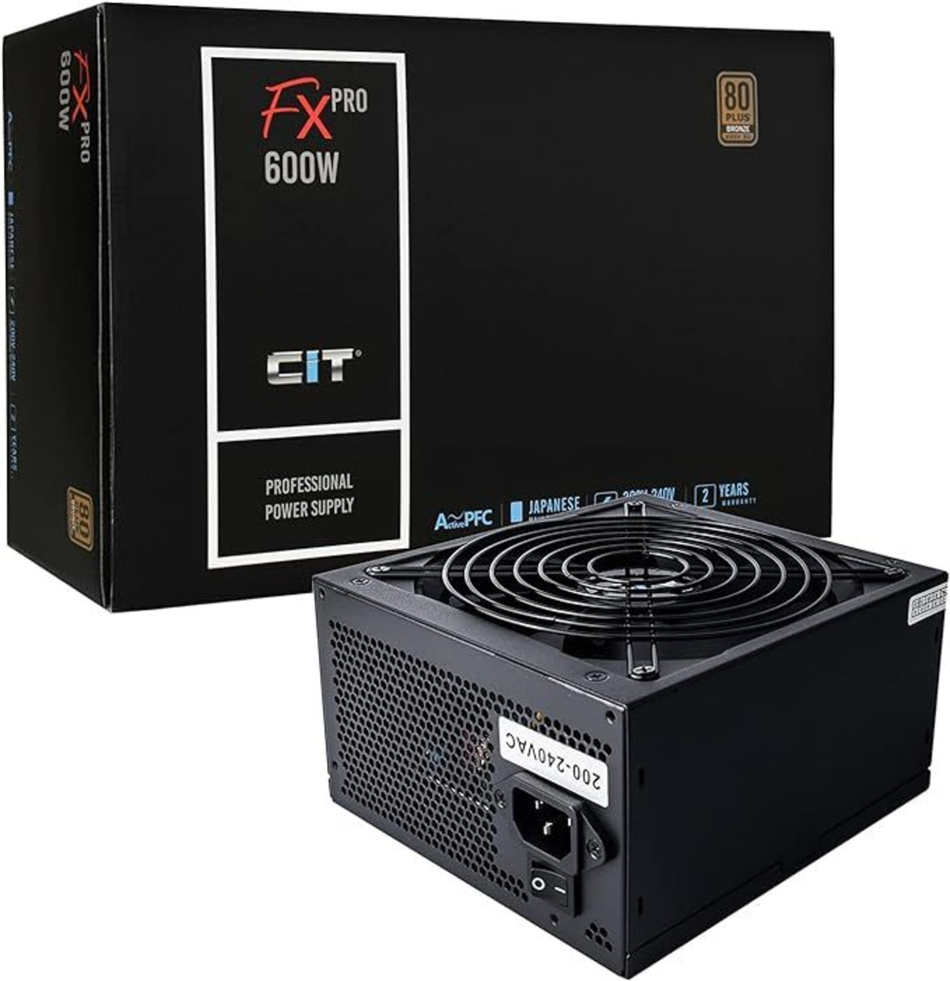 CiT FX Pro 600W Power Supply (No Power Cable inc.), Non Modular, APFC, Japanese Tk Main Capacitor,