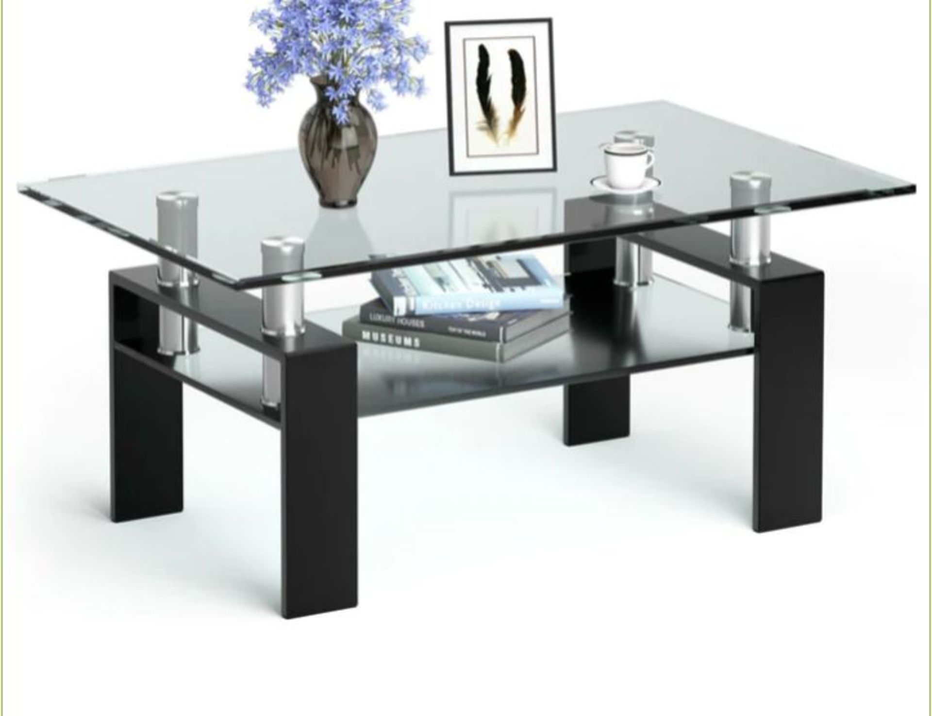 MODERN GLASS COFFEE TEA TABLE WITH OPEN SHELF-BLACK. - ER53.