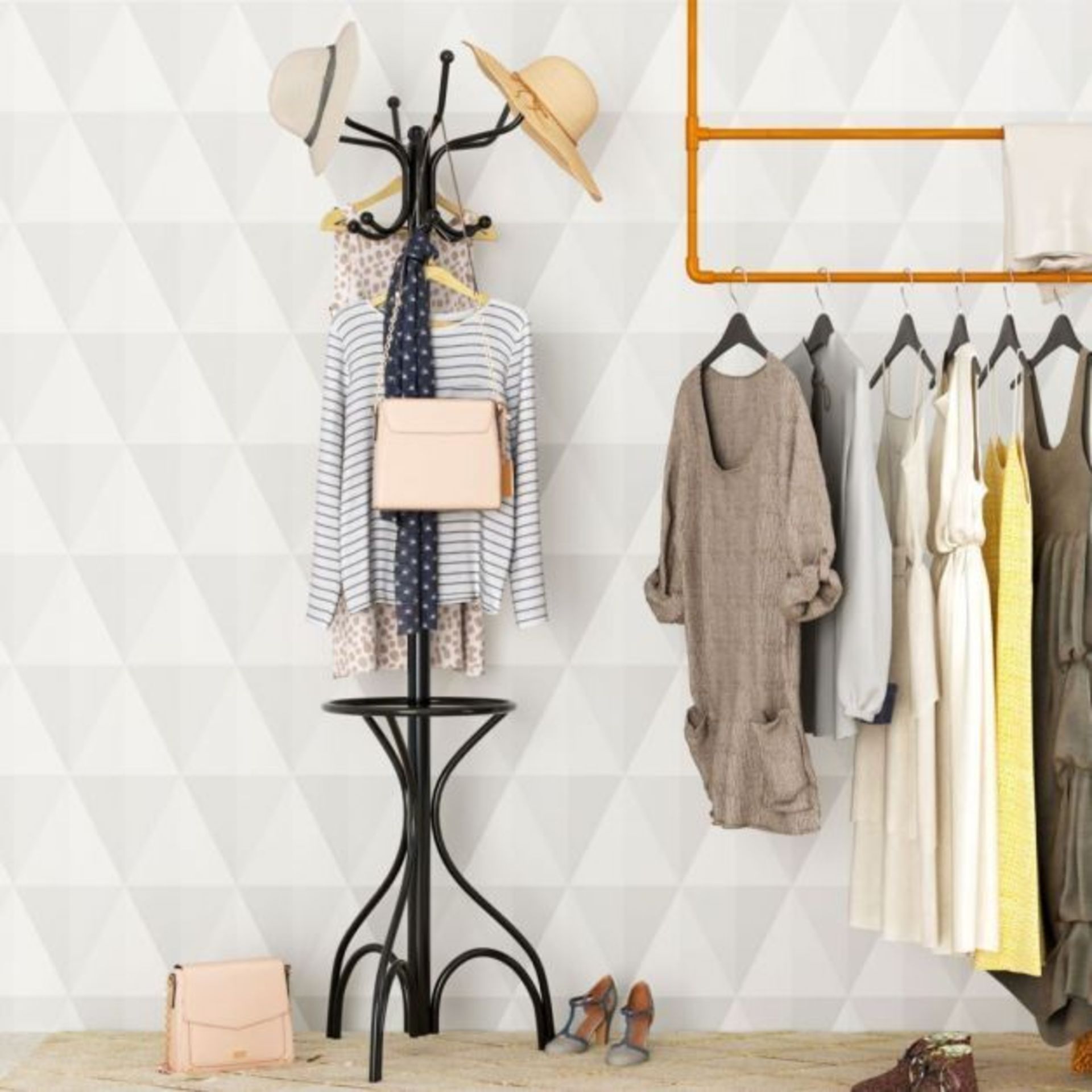 Modern Freestanding Metal Coat Stand with 12 Hooks for Bedroom Entryway. - ER53. This is an