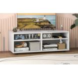 HOME TV STAND WITH 5 POSITIONS ADJUSTABLE SHELVES FOR TV UP TO 4 CUBBIES-WHITE. - ER53. A great