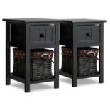 2 TIERS WOOD NIGHTSTAND WITH 1 DRAWER AND 1 BASKETS FOR HOME-BLACK. - ER53.