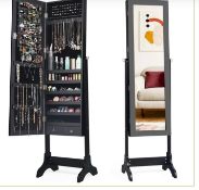 FREESTANDING JEWELRY CABINET WITH FULL-LENGTH MIRROR AND DRAWERS-BLACK. -ER53.