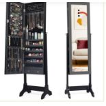 FREESTANDING JEWELRY CABINET WITH FULL-LENGTH MIRROR AND DRAWERS-BLACK. -ER53.